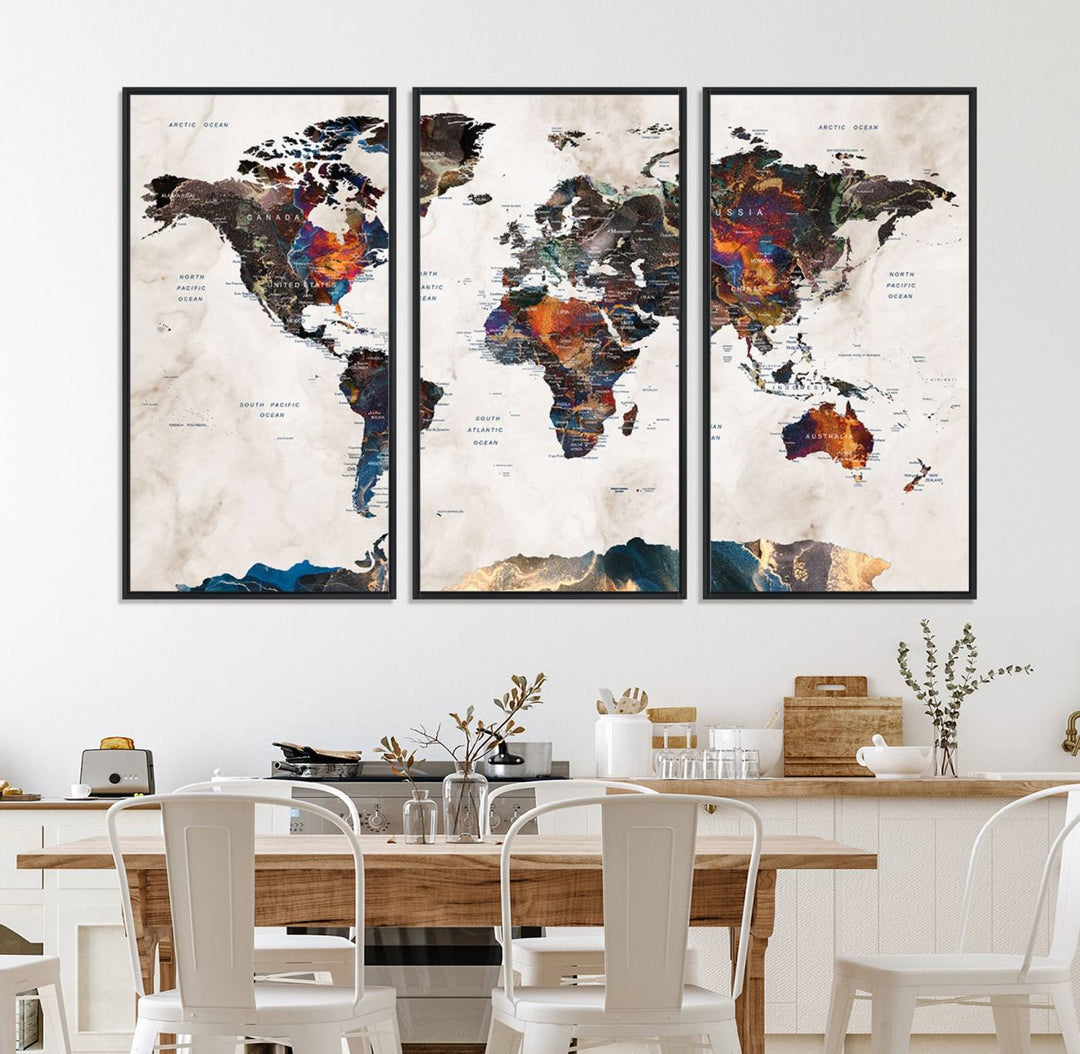 Watercolor World Map Canvas Print in earthy hues with a grunge background, ideal for wall decor.