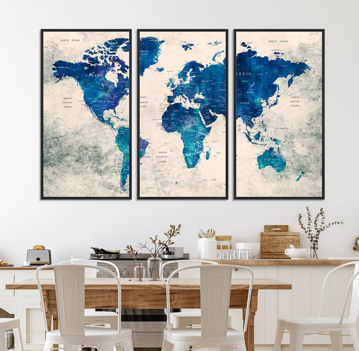 Navy Blue Push Pin World Map Canvas Print featuring a grunge-stained background, with labeled countries and oceans.