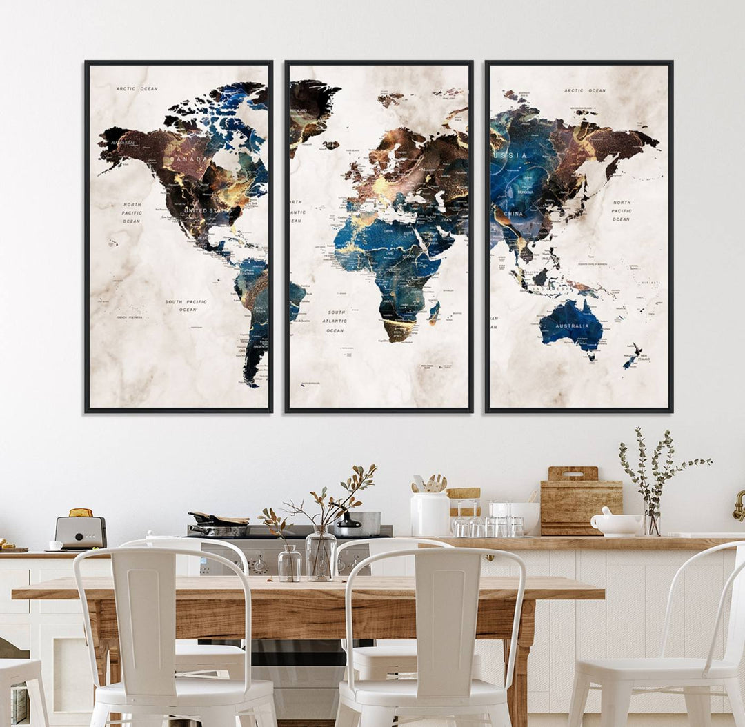 Abstract earth-toned 3-panel world map wall art featuring blues and browns, ready to hang; it showcases continents on modern canvas.