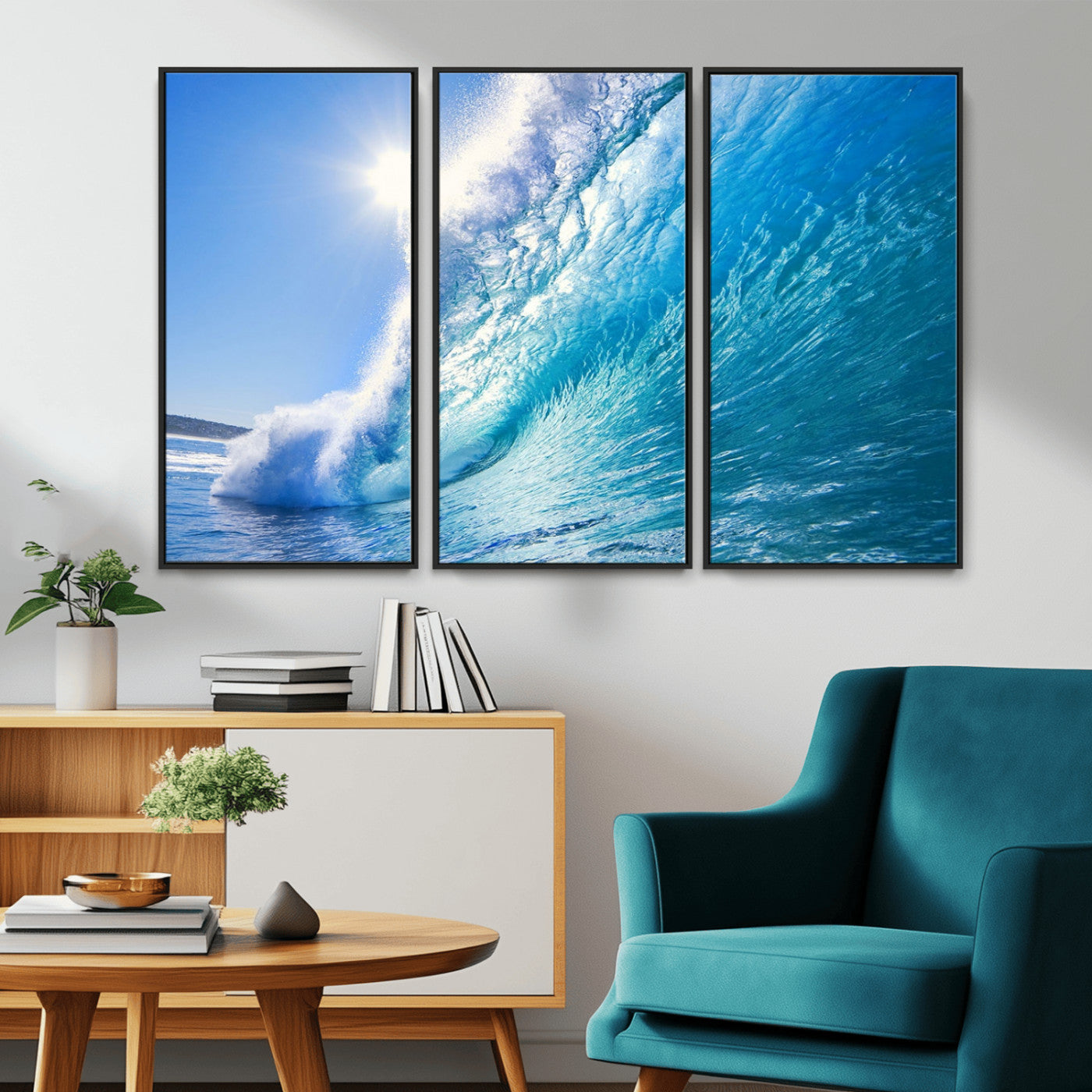 MGV-FC-48X32-3P - Blue Big Wave Surfing Ocean Canvas Wall Art Artwork Print , Surf Wall Art, Sea Wall Art
