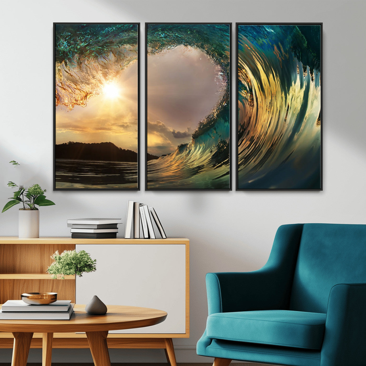 MGV-FC-48X32-3P - Golden Wave Sunset Giclee Canvas Print – Large Coastal Wall Art for Nature Lovers, Captivating Ocean Wave Decor