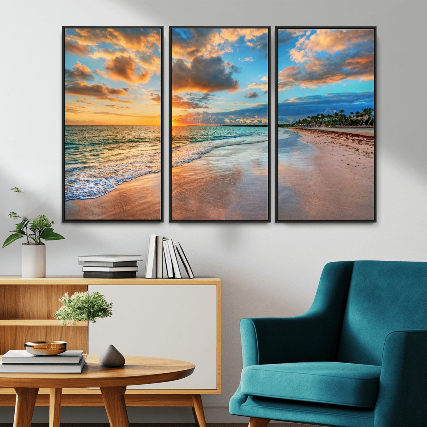 MGV-FC-48X32-3P - Sunset Ocean Waves on Tropical Beach, 3-Panel Giclee Canvas Art for Coastal Home Decor, Vibrant Palm-Lined Shore