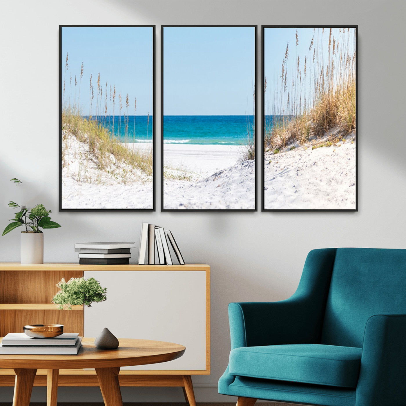MGV-FC-48X32-3P - Serene Coastal Dune Path with Ocean View, 3-Panel Beach Canvas Wall Art, Tranquil Seascape Giclee Print, Gallery Wrap, Perfect for Coastal Home Decor