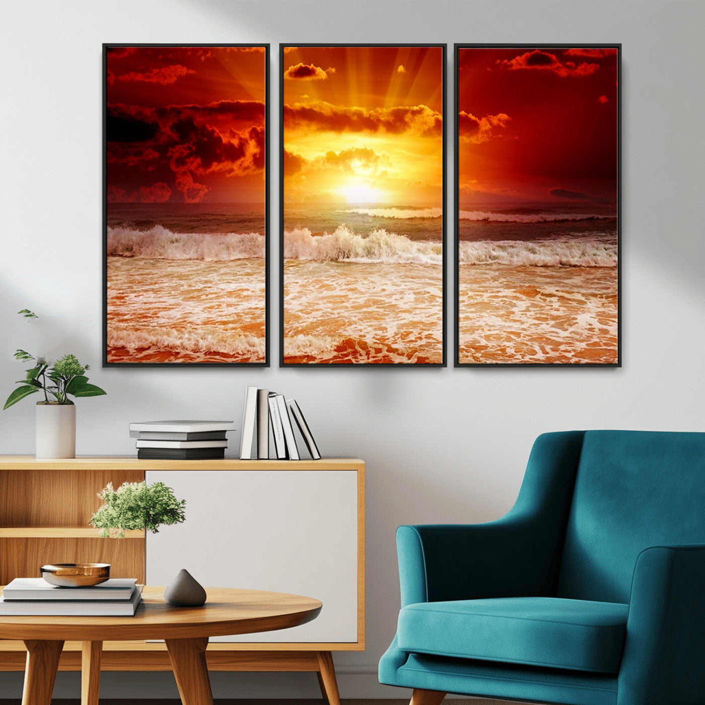 MGV-FC-48X32-3P - Red Sunset Ocean Beach Canvas Wall Art Beach Canvas, Coastal Sunset Print