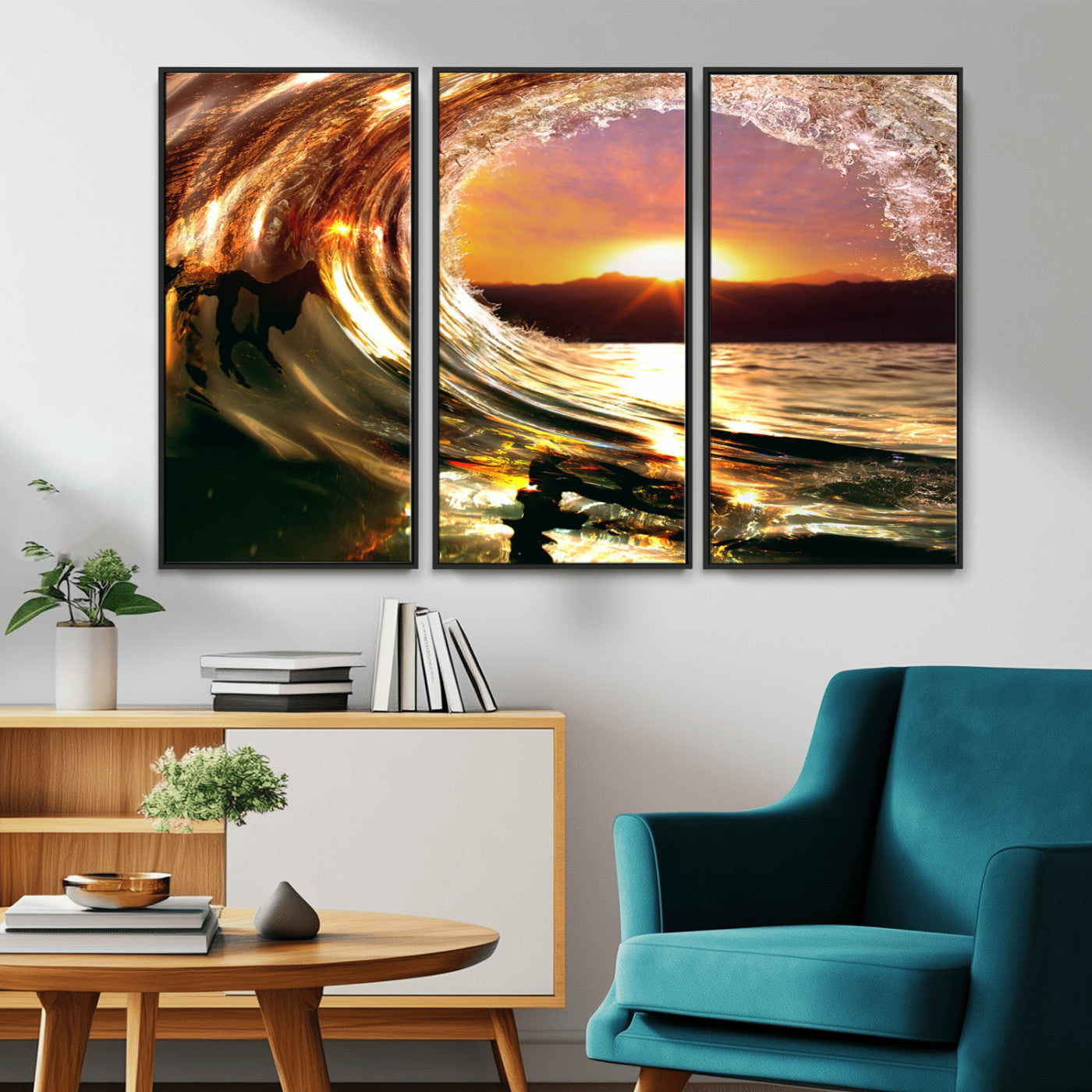 MGV-FC-48X32-3P - Golden Wave Sunset Triptych Canvas Art, Giclee Canvas Print of Ocean Wave and Sunset, Framed Ocean
