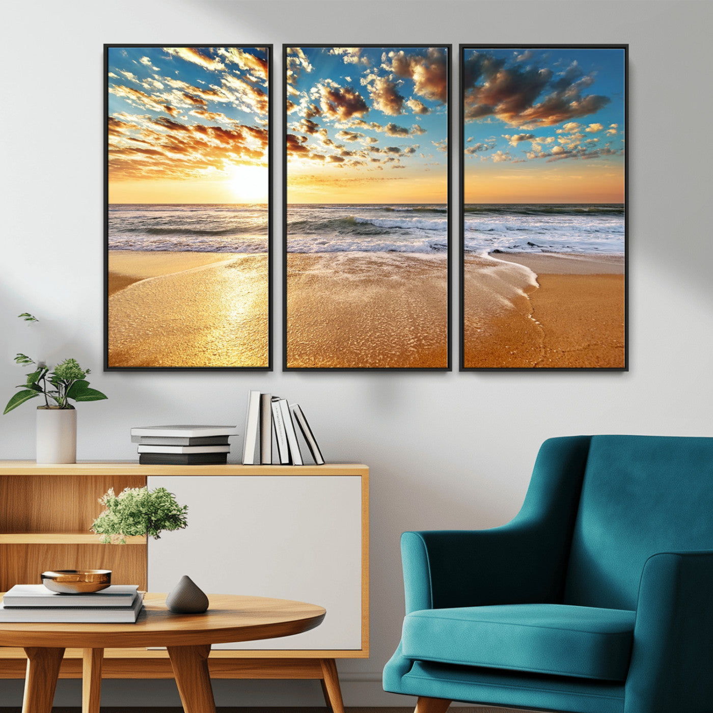 MGV-FC-48X32-3P - Golden Sunset Beach Print Canvas Wall Art, Giclee Canvas Print with Canon Print Quality, Triptych