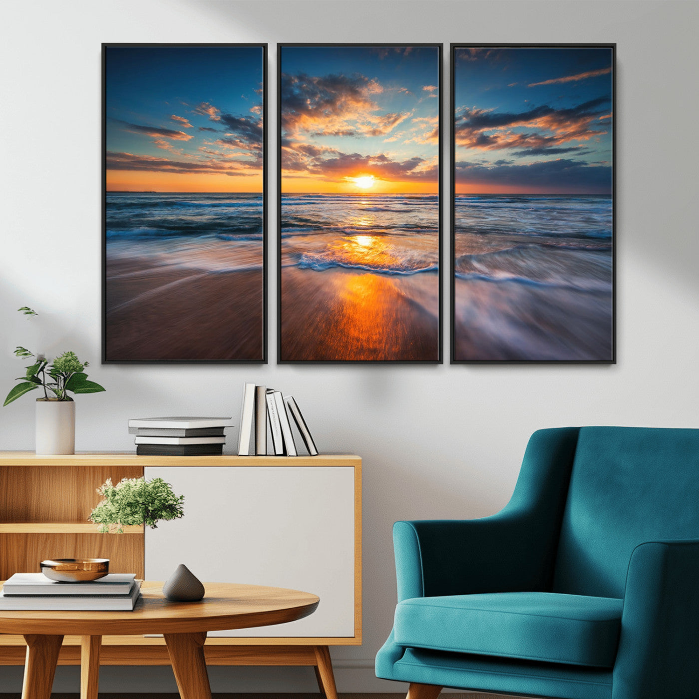MGV-FC-48X32-3P - Sunset on the Ocean Beach with Waves, Reflections on Sand, Coastal Wall Art Print, Beach Wall Art,