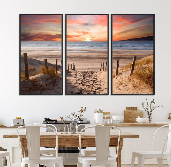 The Sunset on the Sea Wall Art Canvas Print beautifully captures a beach sunset and waves, enhanced with a UV-protective coating.