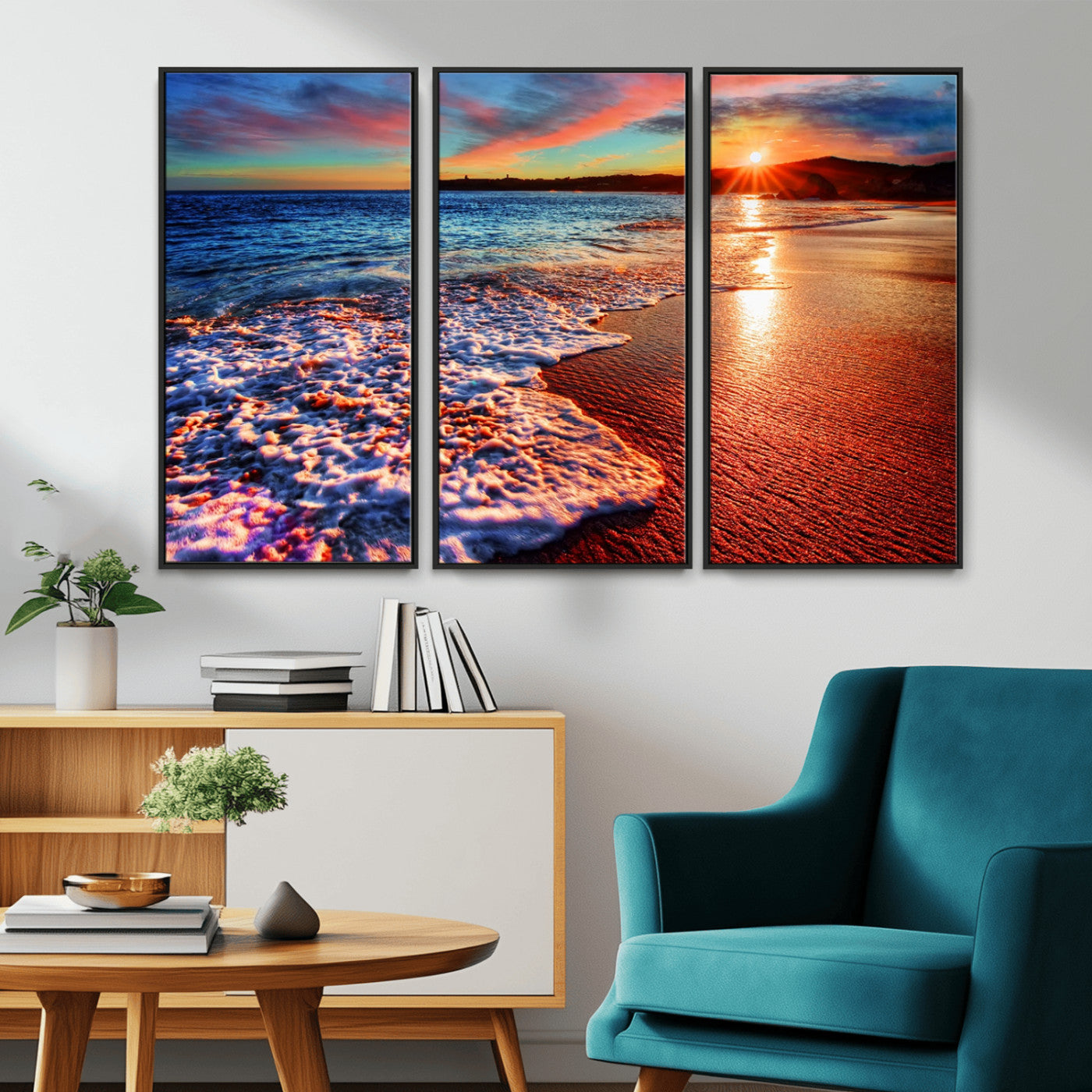 MGV-FC-48X32-3P - Colorful Coastal Sunset on the Beach Canvas Print, Ocean Waves Crashing at Dusk, Multi-Panel Seascape Vibrant Coastal Wall Art Canvas Print