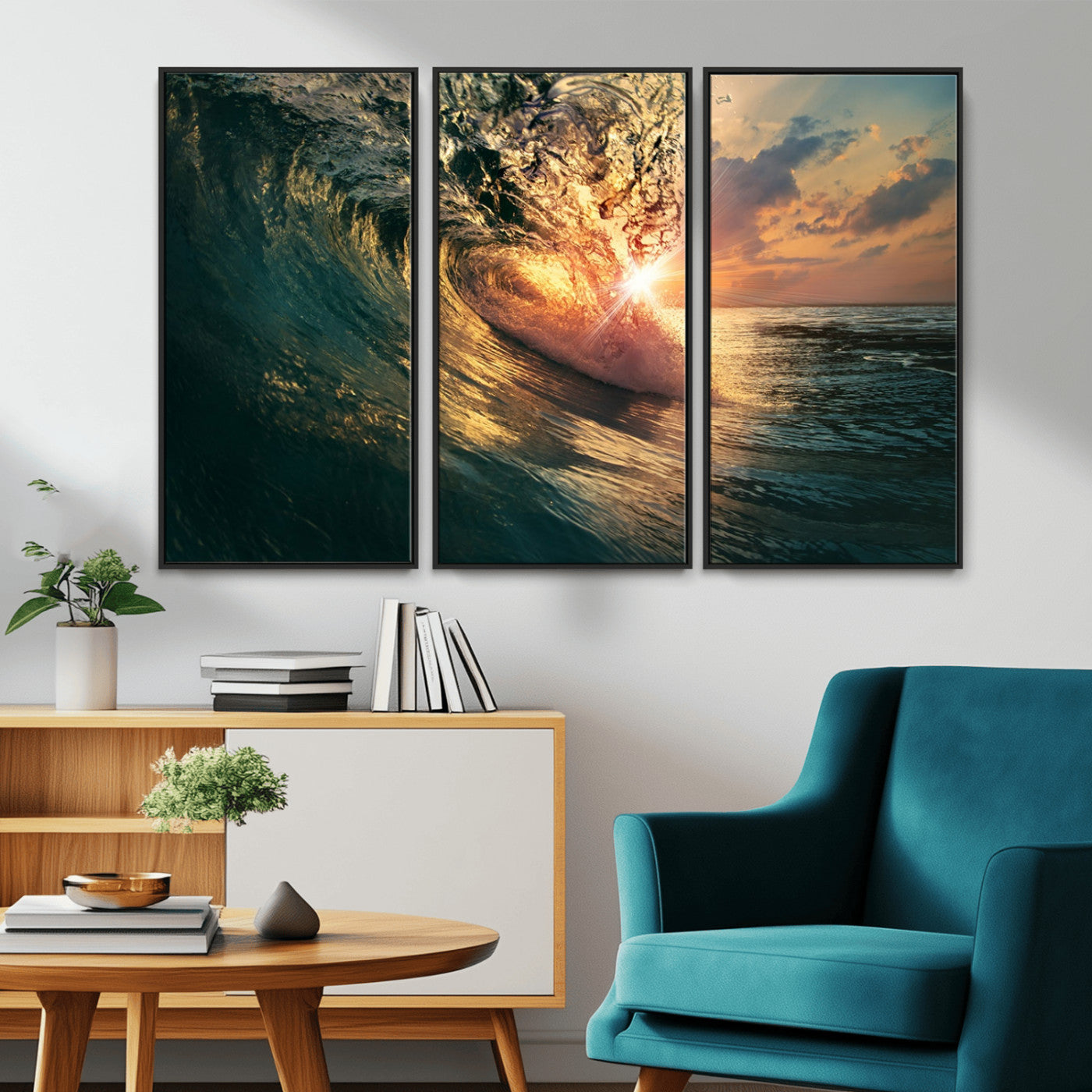 MGV-FC-48X32-3P - Ocean Wave Sunset Canvas Wall Art – Triptych Seascape Print – Framed and Ready to Hang for Living Room or Office