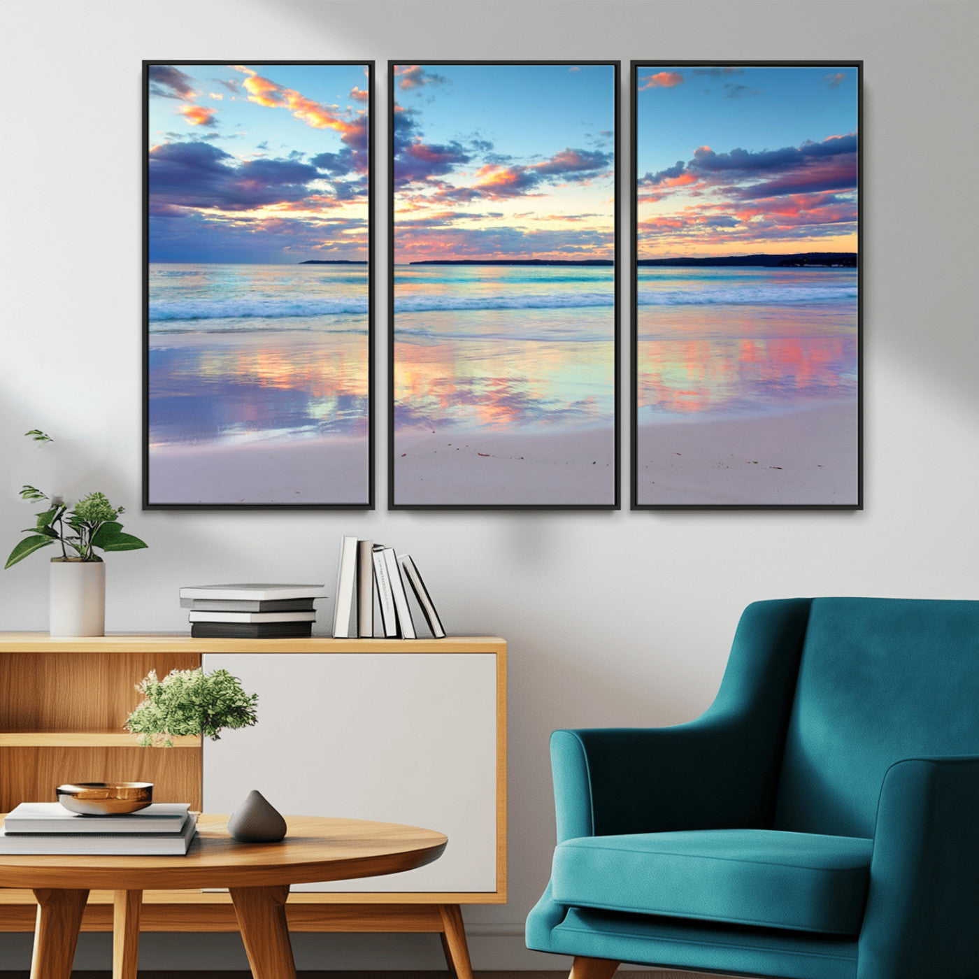 MGV-FC-48X32-3P - Tranquil Pastel Sunset Beach Triptych Canvas Art, Soothing Coastal Ocean Shoreline Giclee Print, Beach Reflections Wall Decor for Serene Spaces