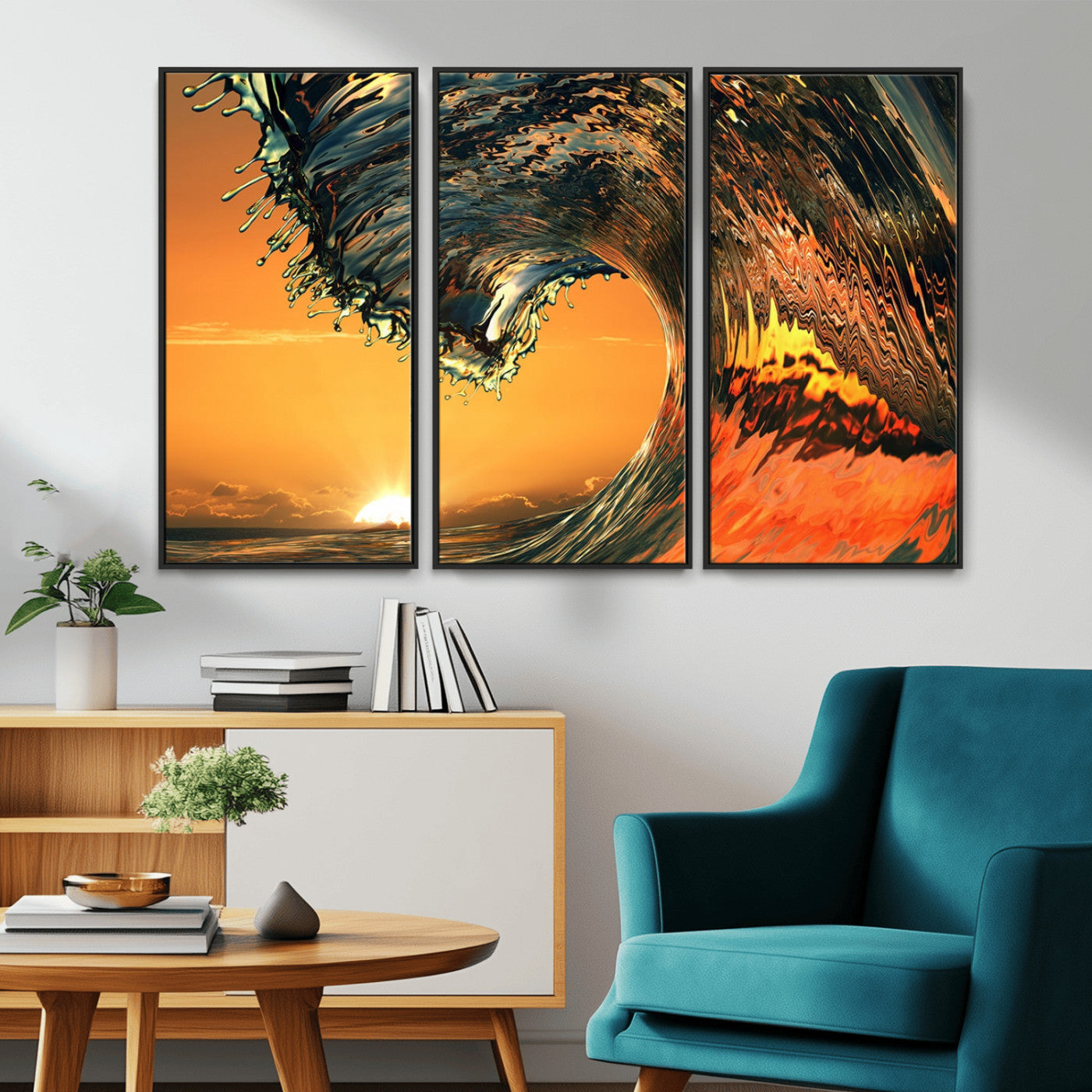-Surf Wave Sunset Canvas Wall Art Print, 3-Panel Ocean Coastal Wall Art Print, Ocean Decor for