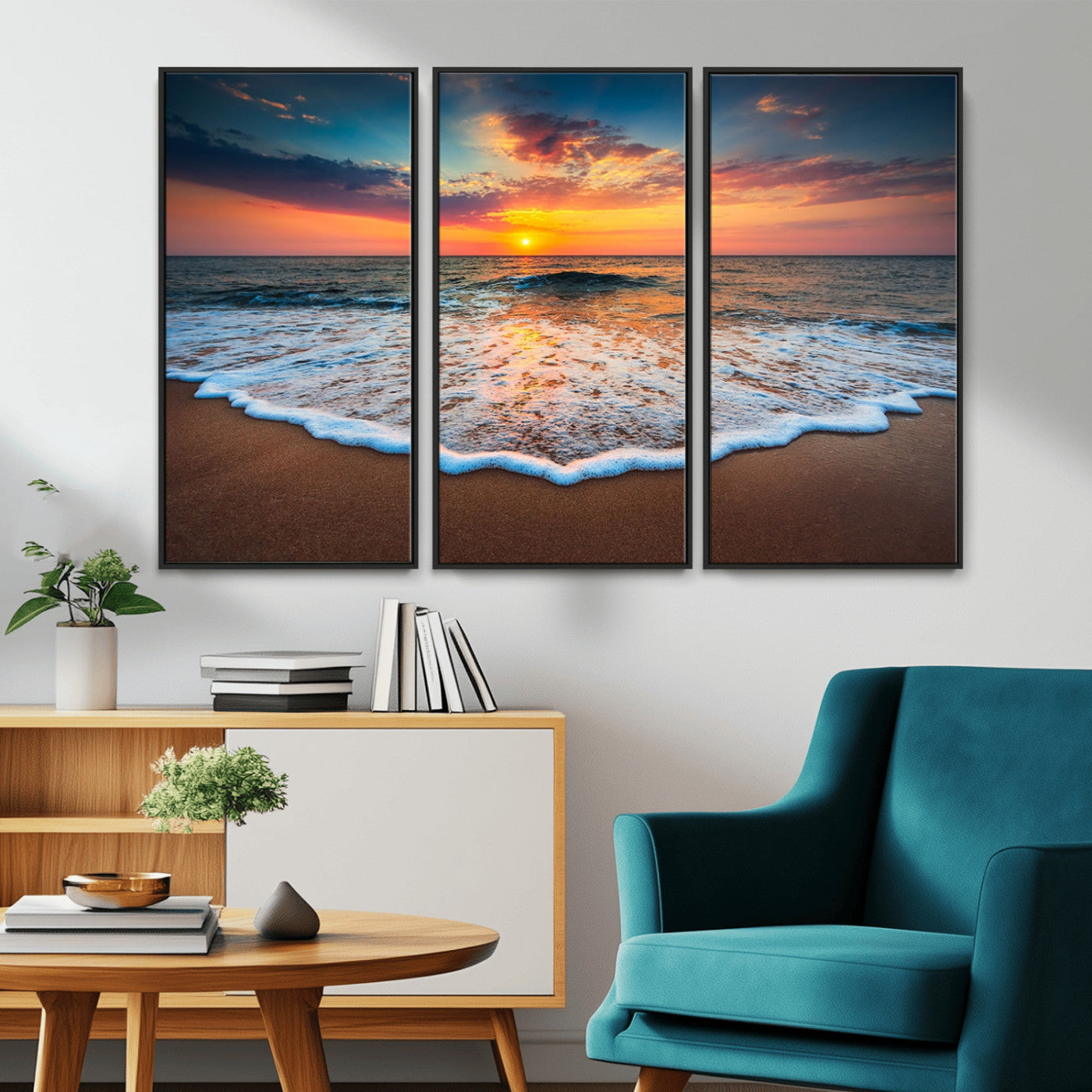 MGV-FC-48X32-3P - Sunset Beach Canvas Wall Art – Colorful Ocean Waves Triptych – Coastal Decor for Living Room or Bedroom – Framed and Ready to Hang
