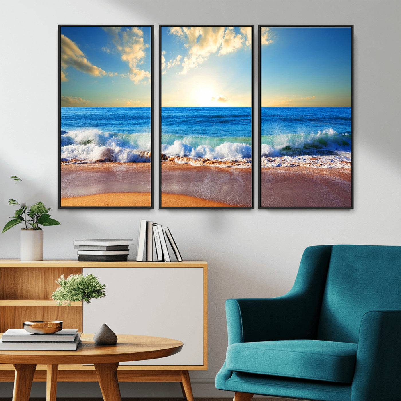 MGV-FC-48X32-3P - Tropical Beach Sunset Canvas Art, Ocean Waves and Sandy Shoreline Wall Art, Large Beach Decor for Coastal Homes