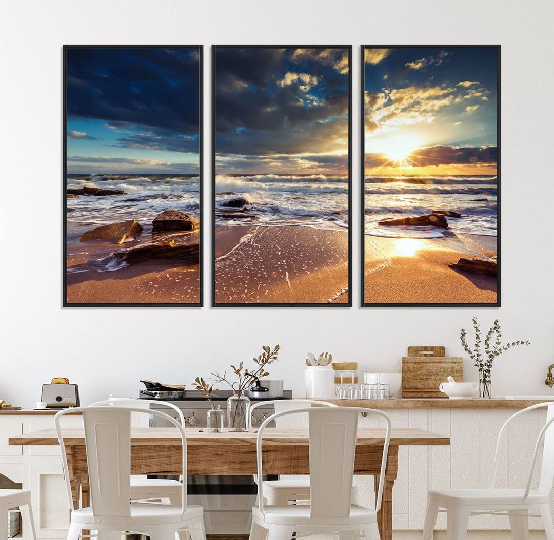 The Golden Hour Beach Sunset triptych adorns the wall with its captivating imagery.