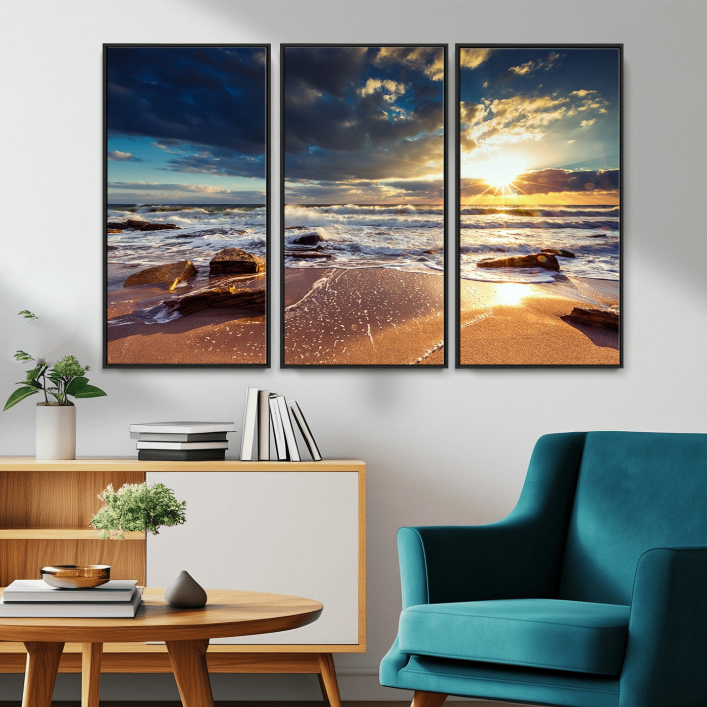MGV-FC-48X32-3P - Golden Hour Beach Sunset Canvas Triptych, Ocean Waves and Rocks Wall Art for Coastal Home Decor