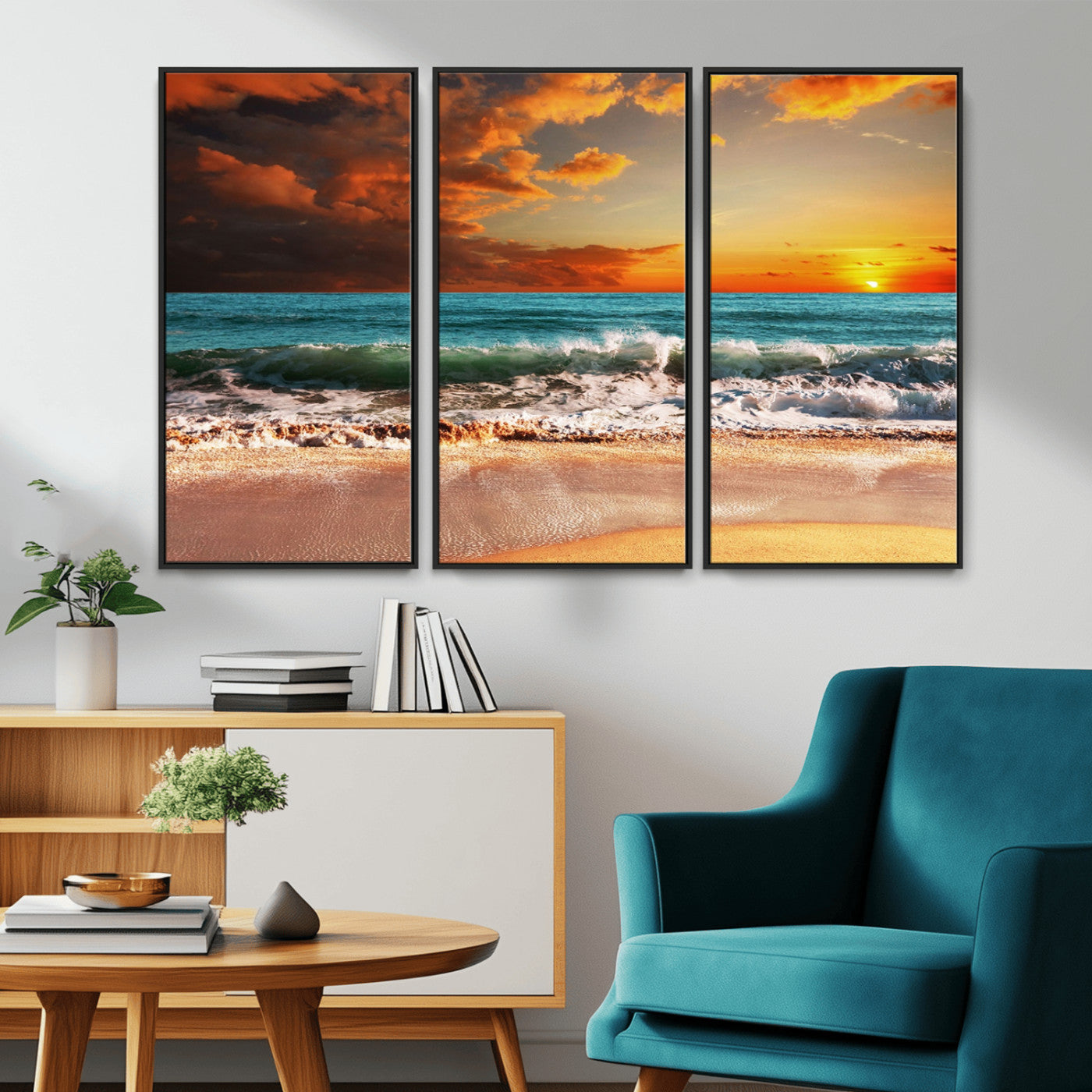 MGV-FC-48X32-3P - Golden Sunset Beach Canvas Wall Art – Triptych Seascape Print – Framed and Ready to Hang for Living Room or Office
