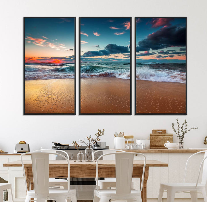 Sunset on Beach Wall Art: Waves under a vibrant sky. Crafted on museum-quality canvas, ready to hang and admire.