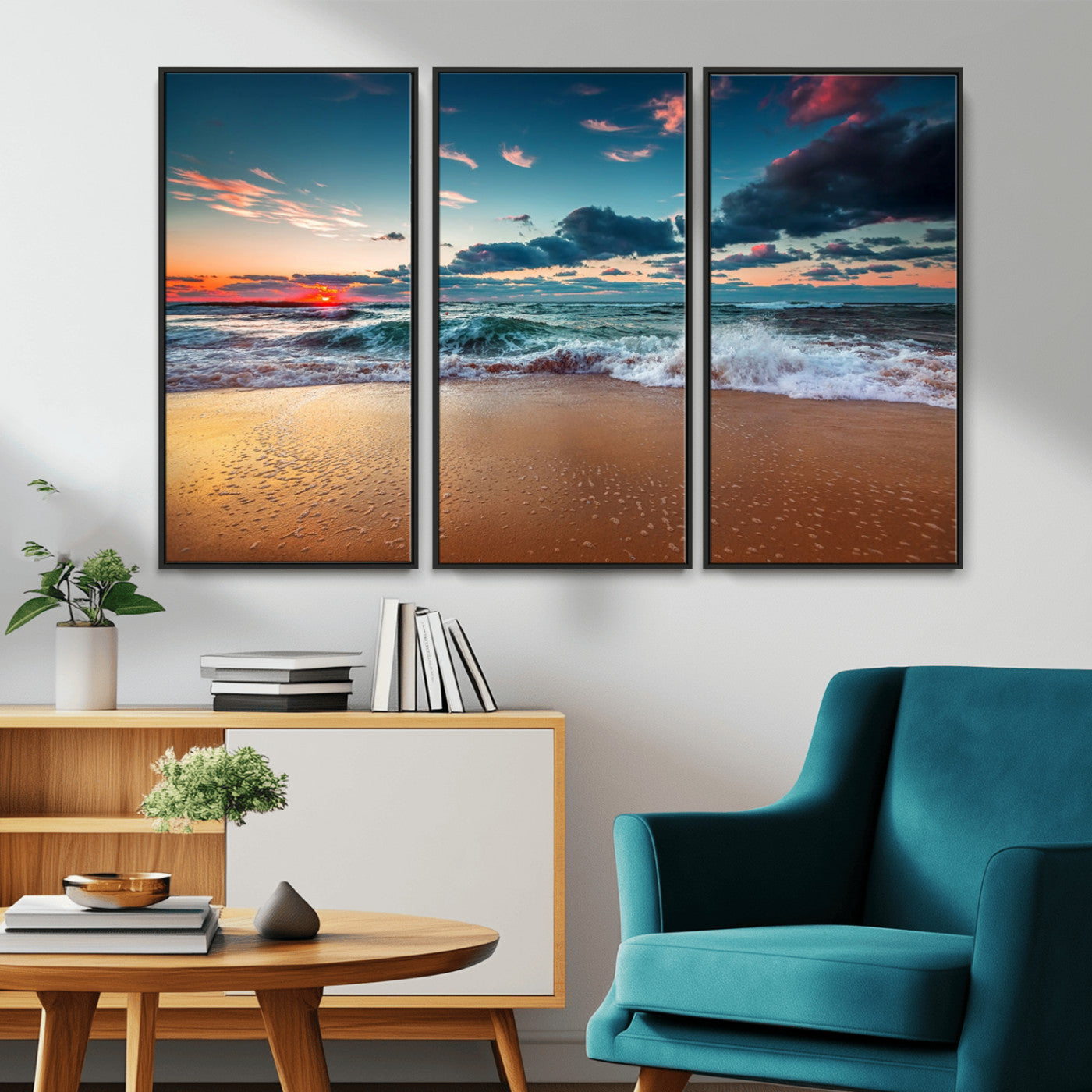 MGV-FC-48X32-3P - Sunset Ocean Beach Wall Art – Giclee Canvas Print, Coastal Seascape, Ready to Hang, Beach Decor, Large 3-Panel Set for Living Room