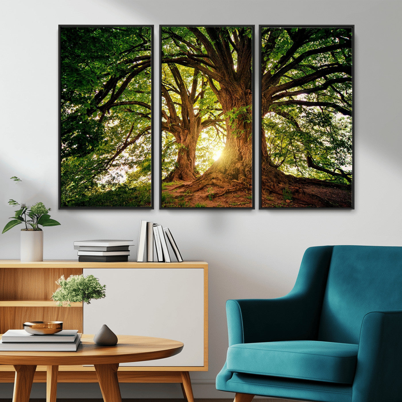 MGV-FC-48X32-3P - Majestic Ancient Tree Wall Art, Nature-Inspired Canvas Print, Woodland Art, Tree of Life Artwork, Sunlit Forest, Giclee Nature Print