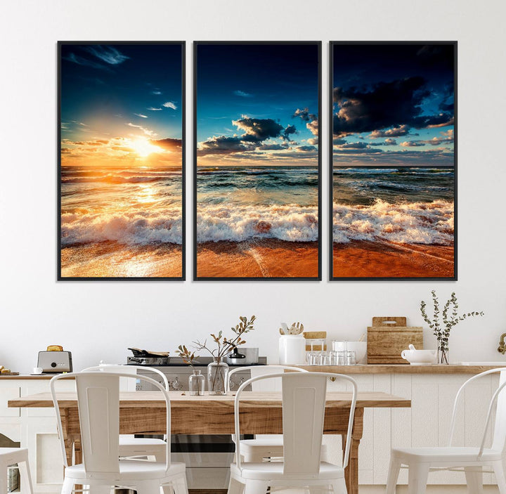 Golden Hour Sunset Over Ocean Waves Canvas: 3-Panel Coastal Landscape Art with Stunning Beach Photography Print.