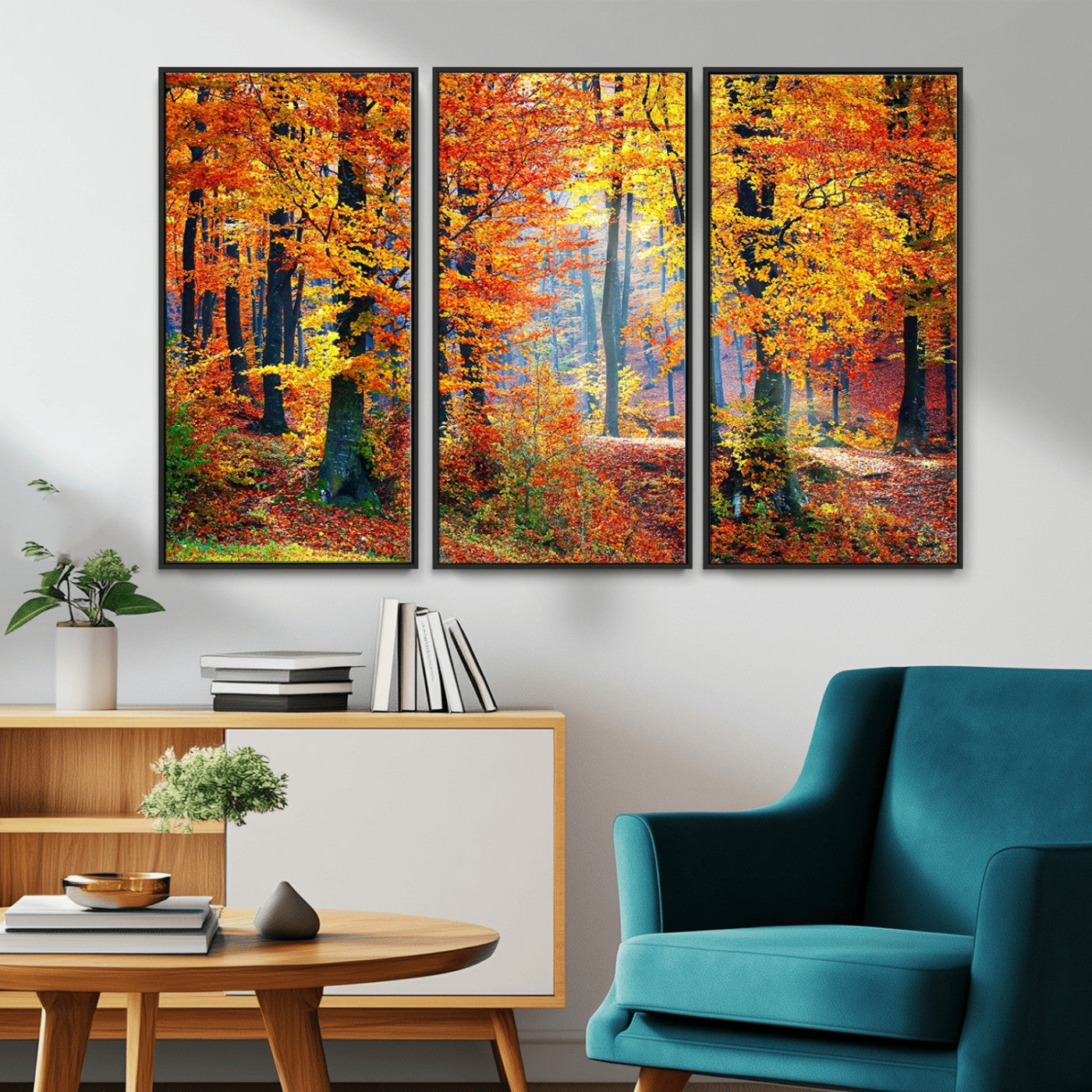 MGV-FC-48X32-3P - Autumn Red Forest Triptych Canvas Wall Art Print, Forest Wall Decor, Fall Landscape Art | Season Nature Landscape for Home or Office