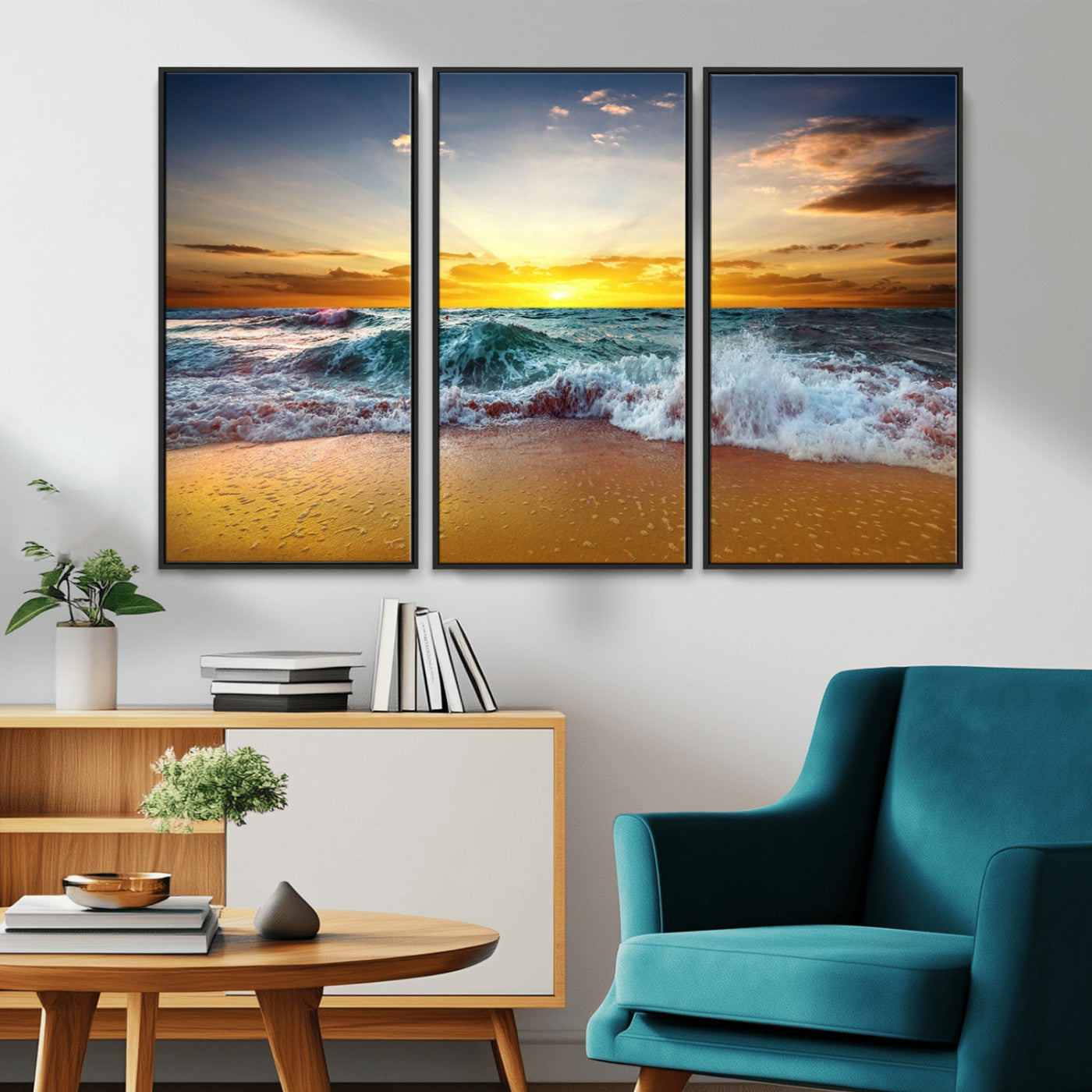 MGV-FC-48X32-3P - Golden Sunset Ocean Waves Wall Art Canvas Print – Multi Panel Beach Canvas Print Set – Large Coastal Triptych Print for Home or Farmhouse Decor