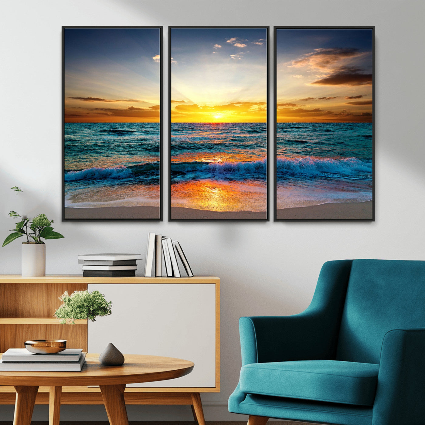 MGV-FC-48X32-3P - Vibrant Ocean Sunrise Over Golden Beach Waves, Giclee Canvas Wall Art Set, High-Quality Stretched Canvas Print, Ready to Hang Coastal Sunset Wall