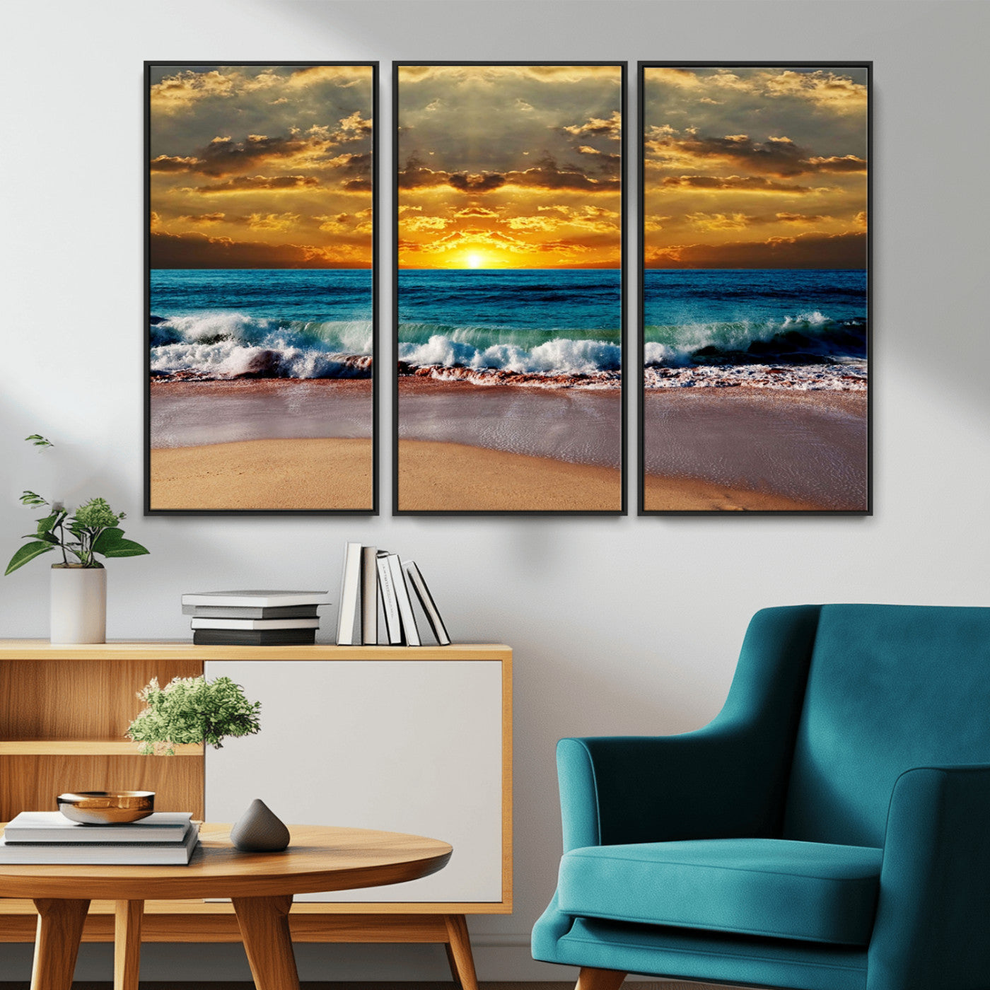 MGV-FC-48X32-3P - Ocean Sunrise Over Golden Beach Waves, Giclee Canvas Wall Art Set, High-Quality Stretched Canvas Print, Ready to Hang Coastal Sunset Wall Decor