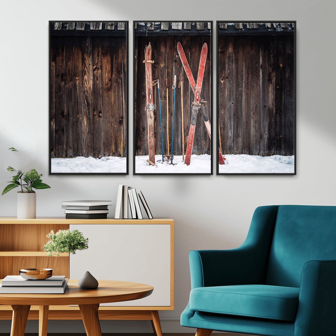 MGV-FC-48X32-3P - Vintage Ski Gear Against Wooden Cabin Wall, Rustic Winter Sports Equipment Canvas Print, Ready to Hang Wall Art, Perfect for Lodge or Ski Cabin Decor