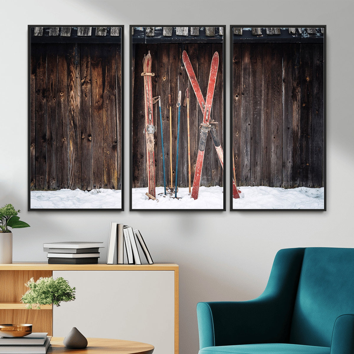 78590-MGV-CV-36X24 - Vintage Ski Gear Canvas Print, Vintage Ski Gear Against Wooden Cabin Wall