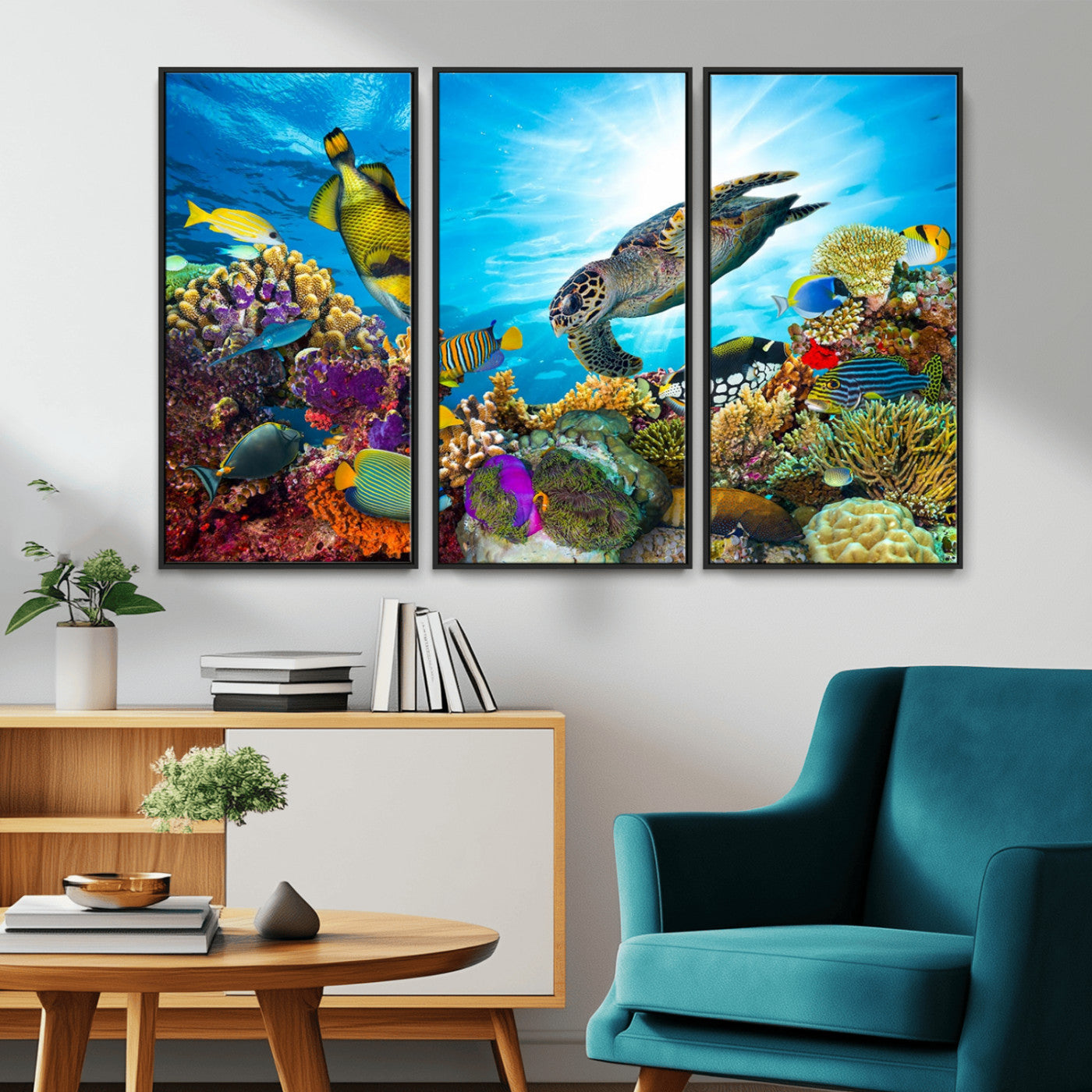 MGV-FC-48X32-3P - Sea Turtle Coral Reef Wall Art Print – Colorful Underwater Canvas Print – Tropical Ocean Marine Life Artwork – Perfect for Coastal Home Decor