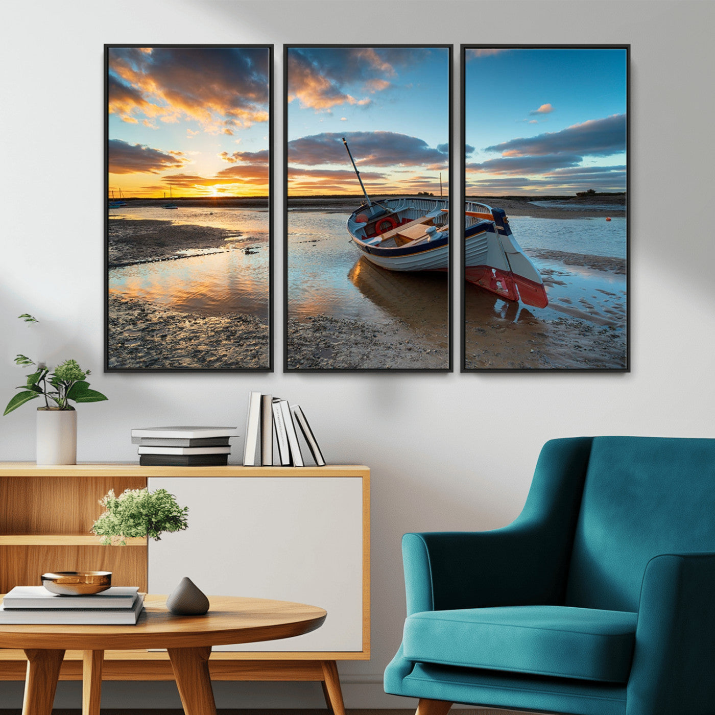 MGV-FC-48X32-3P - Small Boat At The Beach Sunset Wall Art, Boat Sunset Wall Art Canvas Print