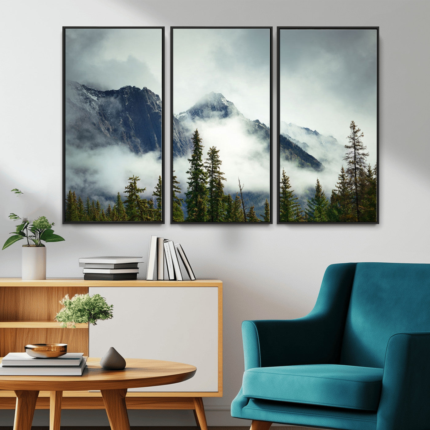 MGV-FC-48X32-3P - Mountain Mist Canvas Wall Art | 3-Panel Foggy Forest and Mountain Landscape | Large Giclee Print for Living Room, Office, or Cabin, Farmhouse Decor