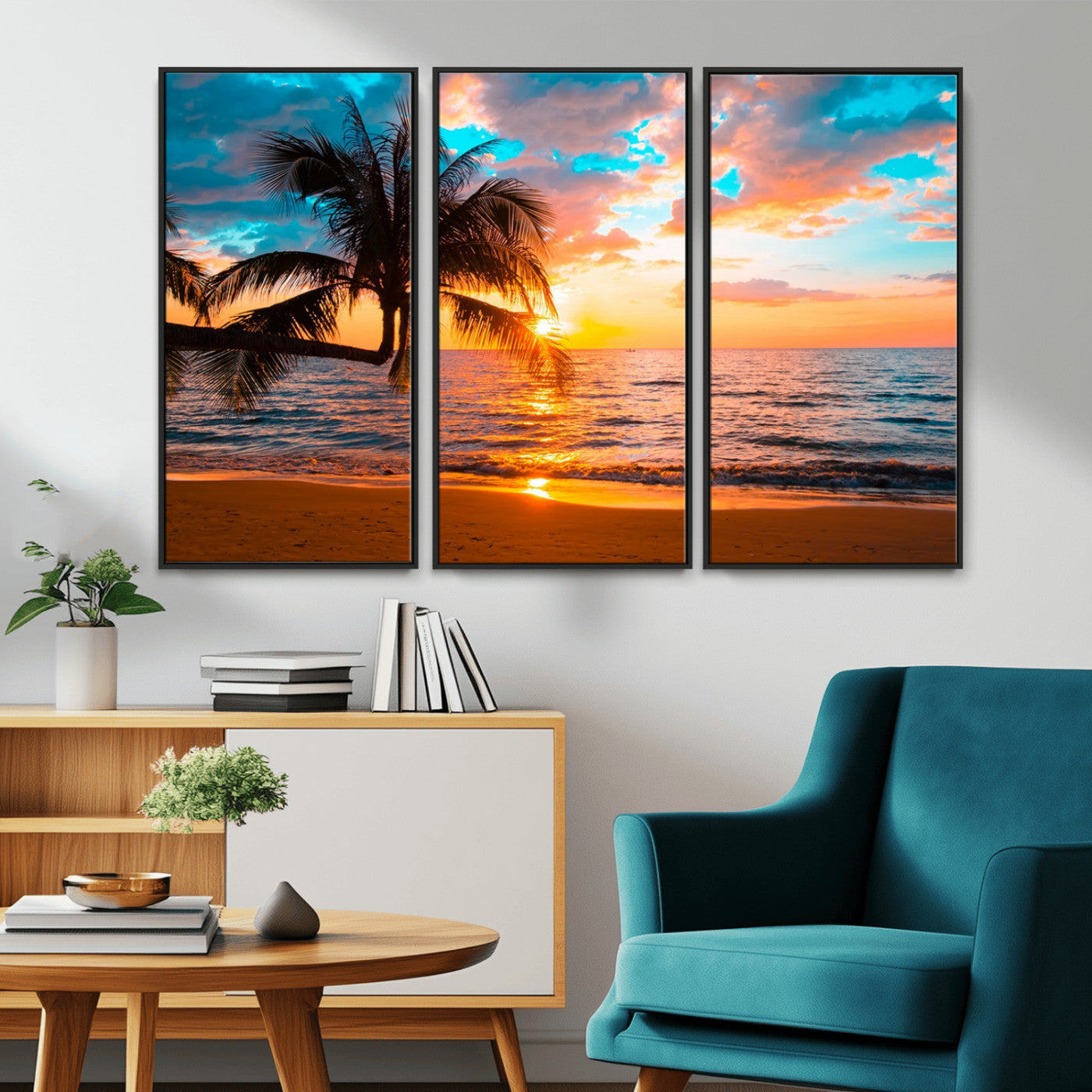 -Palm Tree Sunset On The Beach Wall Art Canvas, Framed Palm Tree Sunset Canvas Print