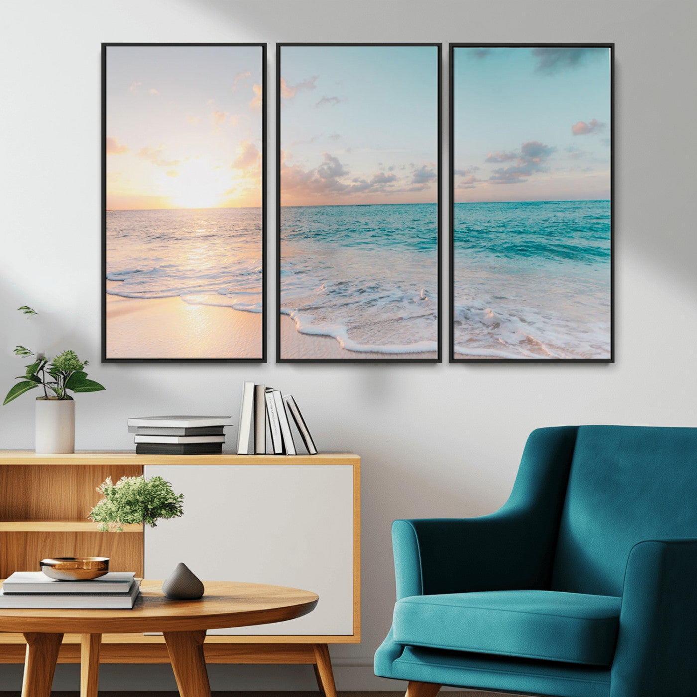MGV-FC-48X32-3P - Tranquil Ocean Beach Sunset Canvas Wall Art | 3-Panel Coastal Decor