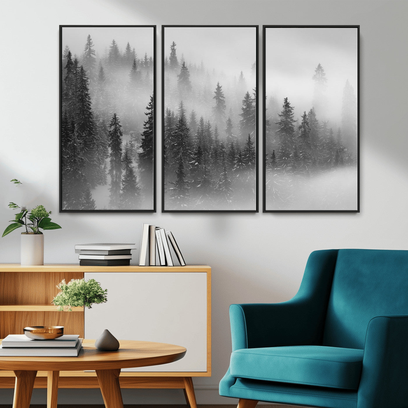 MGV-FC-48X32-3P - Black and White Forest Wall Art Print – Misty Pine Tree Canvas Print – Winter Woodland Nature Artwork – Perfect for Minimalist Home Decor
