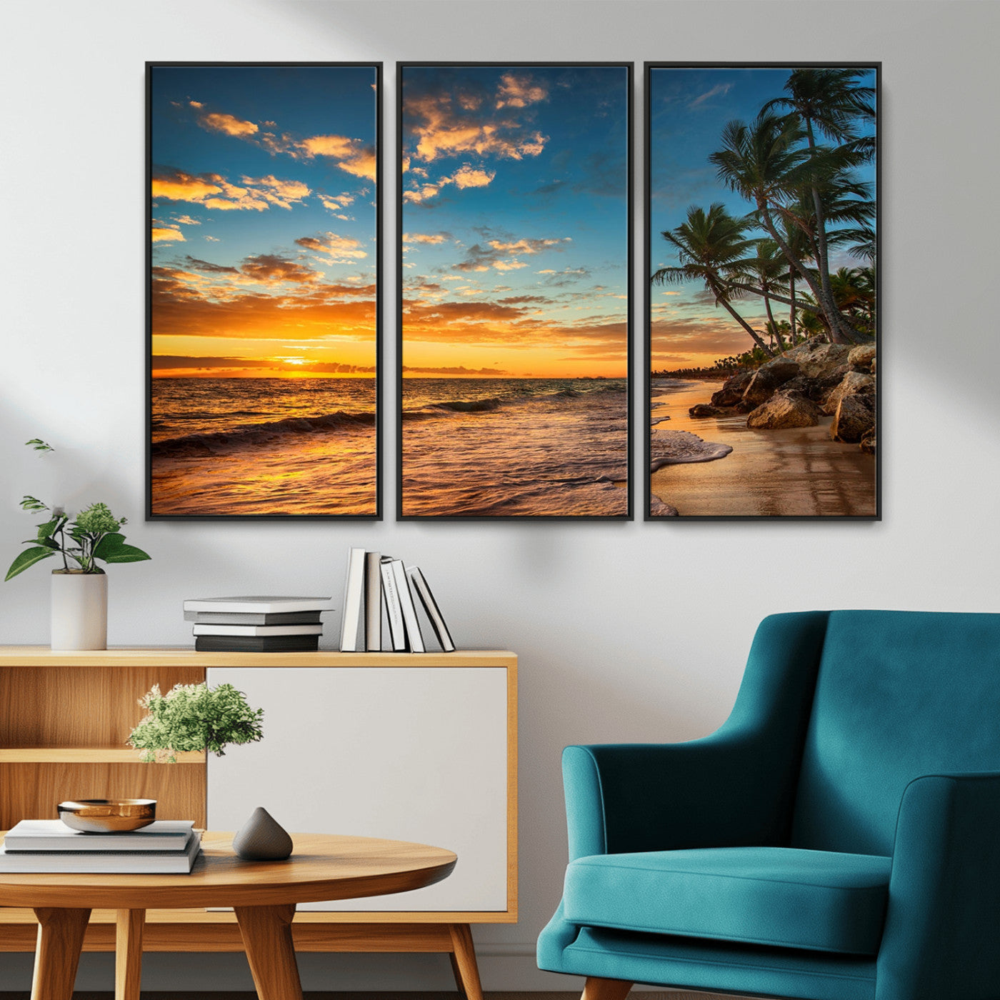 MGV-FC-48X32-3P - Tropical Beach Sunset Wall Art Print – Palm Tree Coastal Canvas Print – Ocean Seascape Artwork – Perfect for Tropical Modern Home Decor