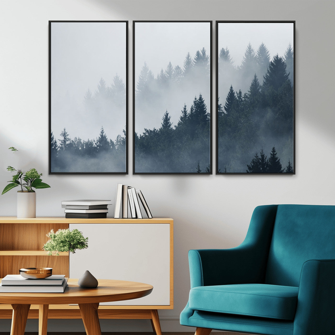 MGV-FC-48X32-3P - Misty Forest Wall Art Print – Foggy Pine Tree Canvas Print – Dark Woodland Nature Artwork – Perfect for Minimalist and Modern Home Decor
