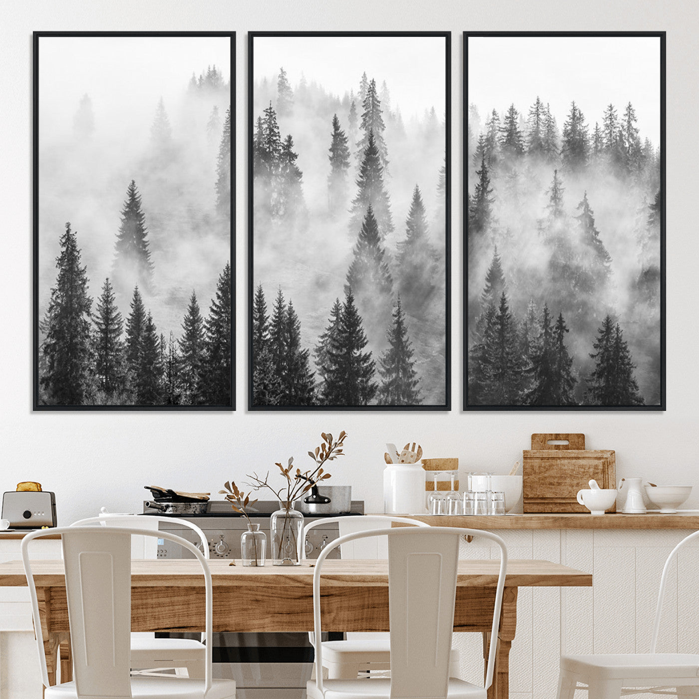 10422-MGV-CV-36X24-Forest Wall Art Print | Foggy Pine Forest Canvas Wall Art - Black and White Nature Decor for Living Room