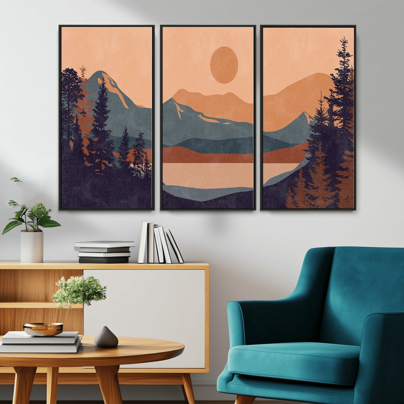 MGV-FC-48X32-3P - Modern Boho Sunset Canvas Print, Mountain Landscape Triptych – Giclée Canvas Art Print for Living