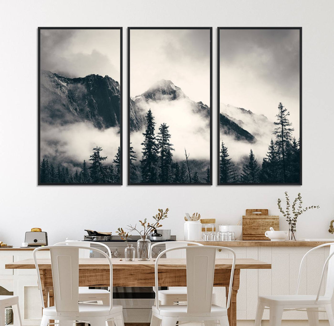 Forest Mountain Print - Black and White Canvas.