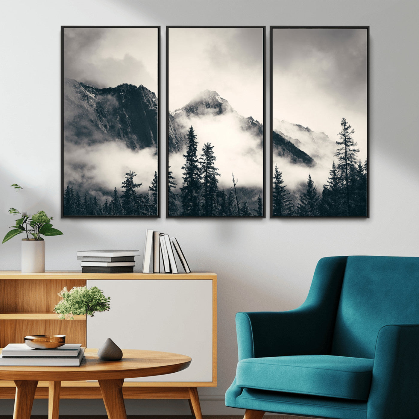 MGV-FC-48X32-3P - Large Foggy Mountain Forest Wall Art Canvas Print | Misty Mountain Peaks and Pine Trees Print | Framed Gallery Wrap | Rustic Nature Farmhouse Decor