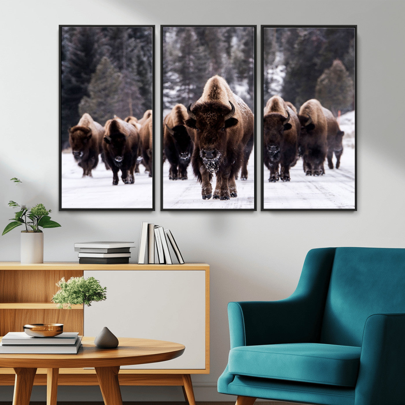 MGV-FC-48X32-3P - Bison Wall Art Canvas Print- Bison Herd Canvas Wall Art – Majestic Wildlife Photography – Framed and Ready to Hang Nature-Inspired Art - Buffalo Wall Art Print