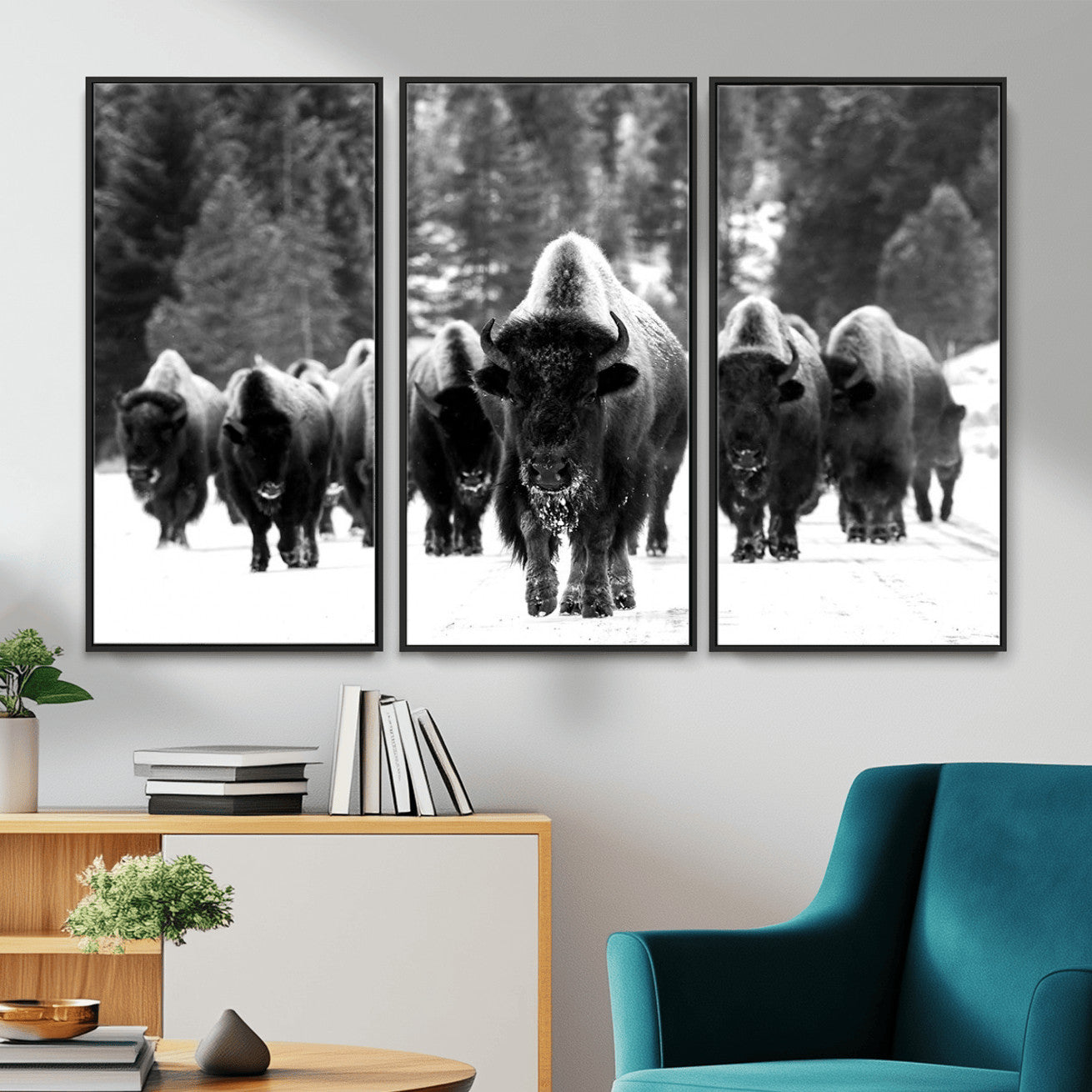 62434-MGV-CV-36X24 - Bison Herd in Snow Wall Art Canvas Print | Rustic Western Bison Wall Art for Decor for Living Room