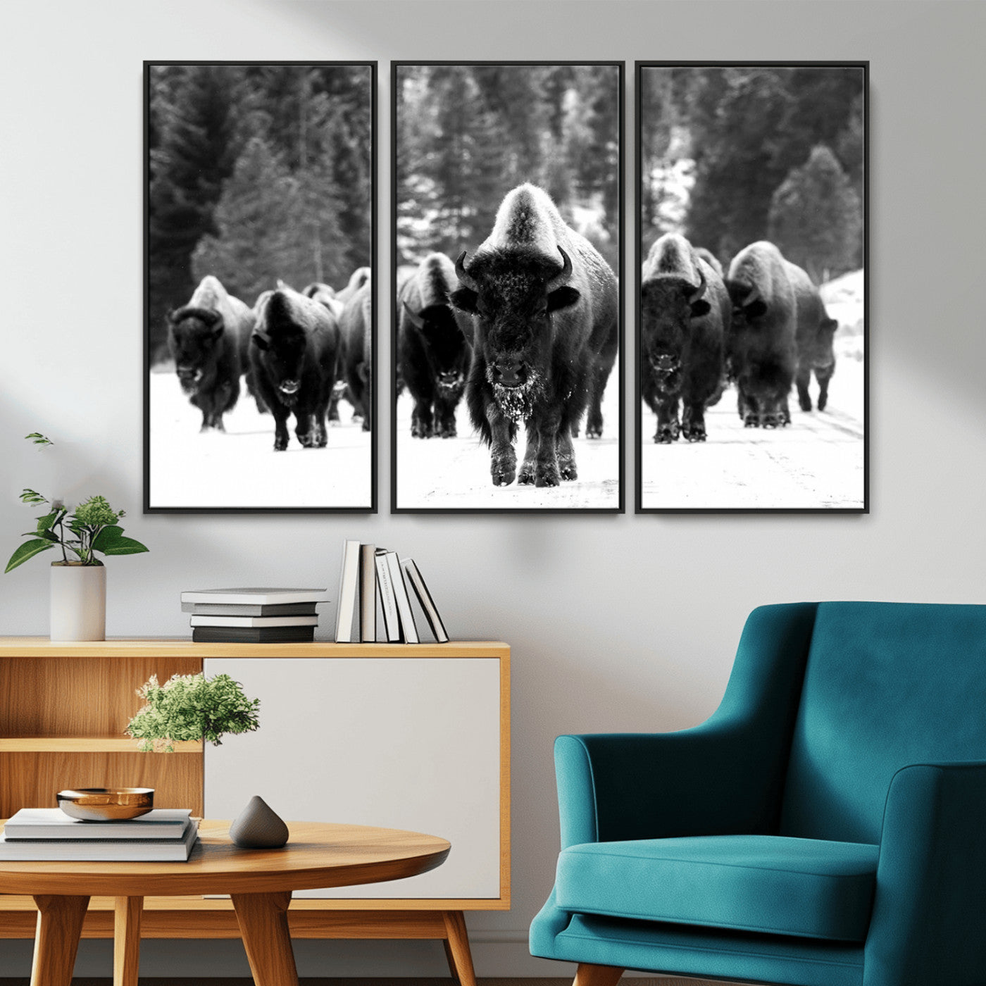 62434-MGV-CV-36X24-Bison Herd in Snow Wall Art Canvas Print | Rustic Western Bison Wall Art for Decor for Living Room,