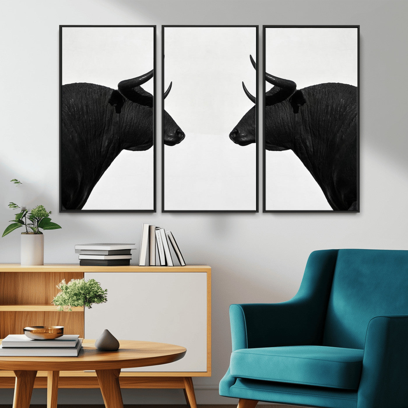 -Spanish Bull Art - Framed Black and White Bull Canvas Print for Modern Rustic Home or Office Decor