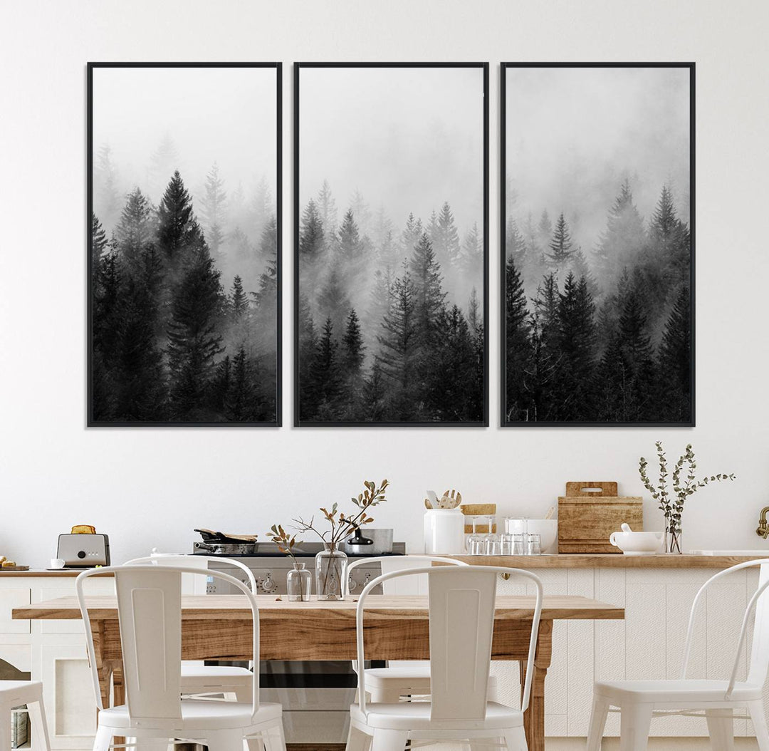 Fogy Forest Canvas Art features misty pines and a mountain landscape.