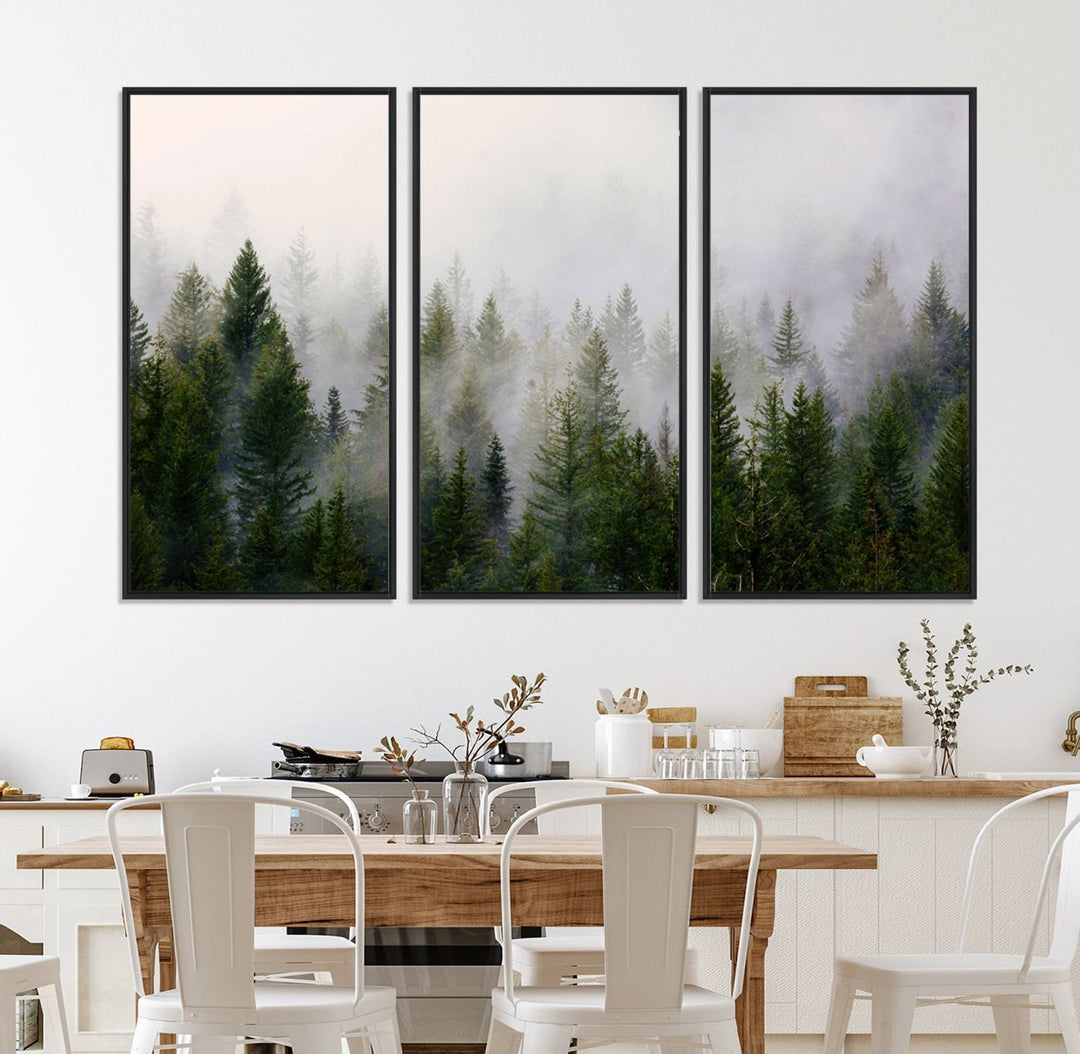 A serene, foggy evergreen forest creates a mysterious atmosphere, ideal for premium canvas wall art.