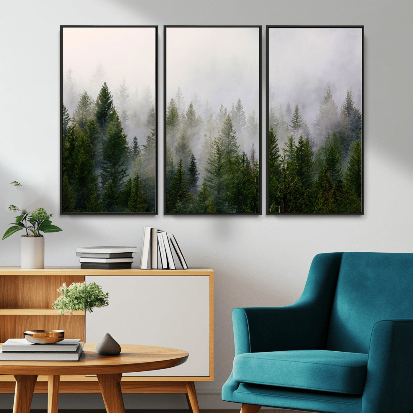 MGV-FC-48X32-3P - Misty Pine Forest Wall Art Canvas Print | 3 Panel Green Woodland Canvas Print for Living Room, Office, or Dining Room | Nature Foggy Forest Decor